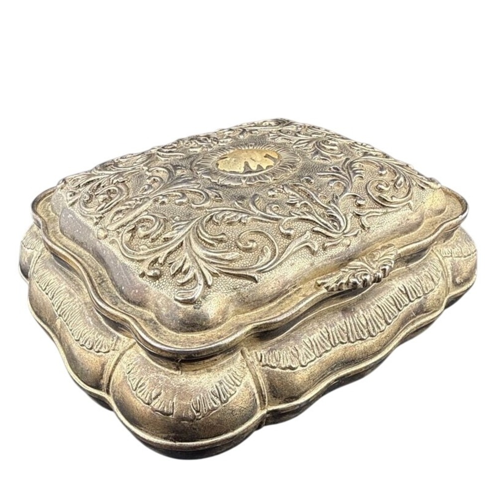 Godinger Silver Art Co Ornate Repousse Jewelry Box Red Velvet Scalloped Footed